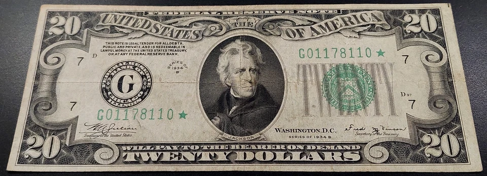 1934 B $20 Federal Reserve Note, STAR NOTE, Chicago! Fr# 2056 G *. - Image 2 of 4