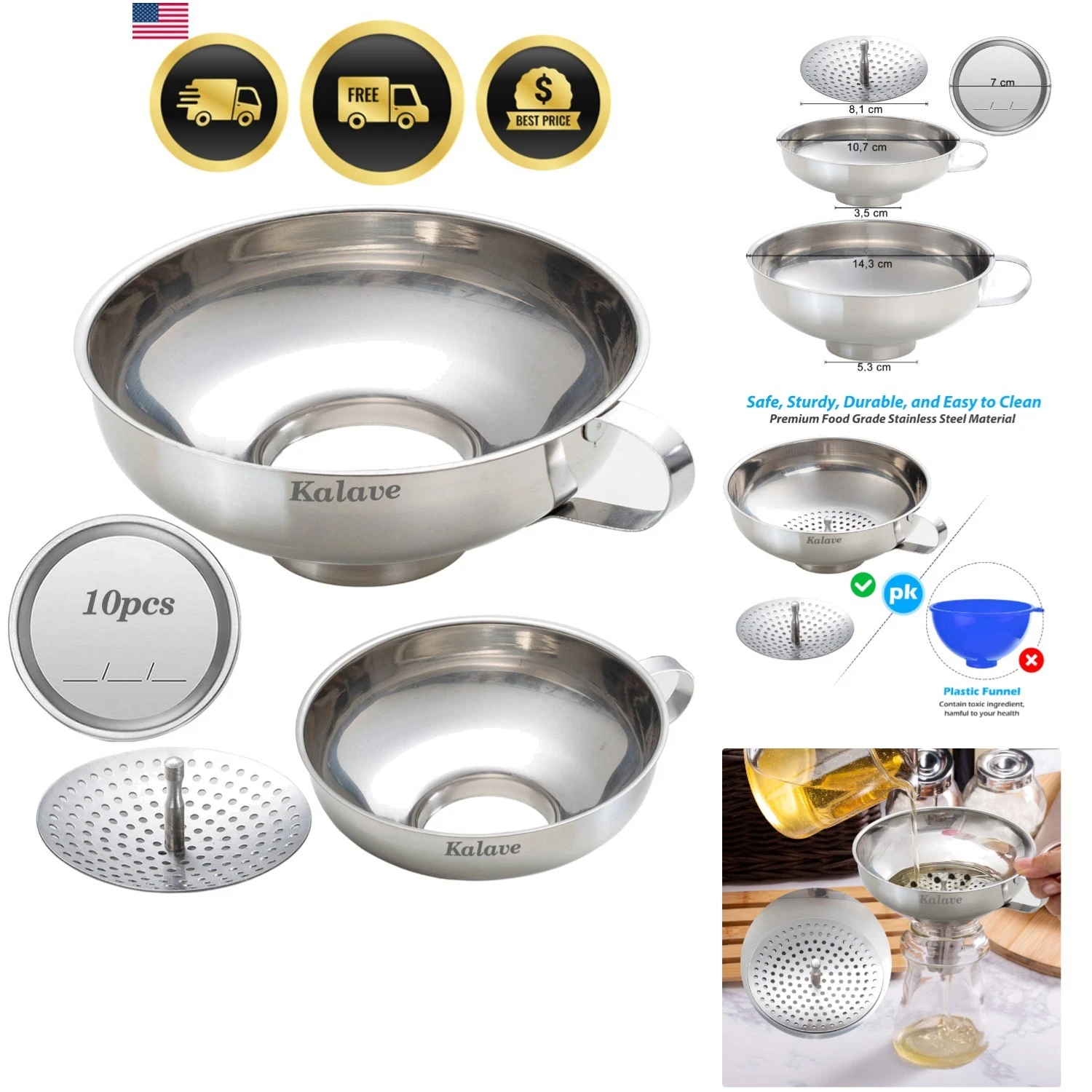 Canning Funnel, Food Grade Stainless Steel Canning Funnels with Strainer, Wid...
