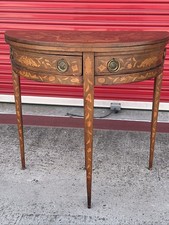 Antigua mesa de juego consola Demilune abatible con incrustación de marquetería holandesa DAÑADA