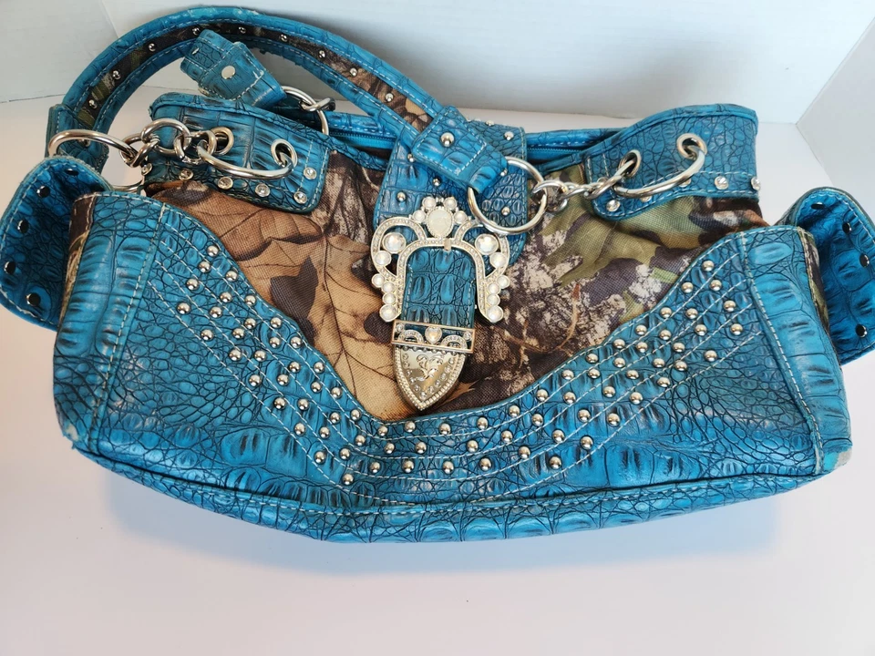 Concealed Carry Handbag Studded Bling Camo, Sky Blue Purse Shoulder Bag Moc Croc - Image 4 of 4