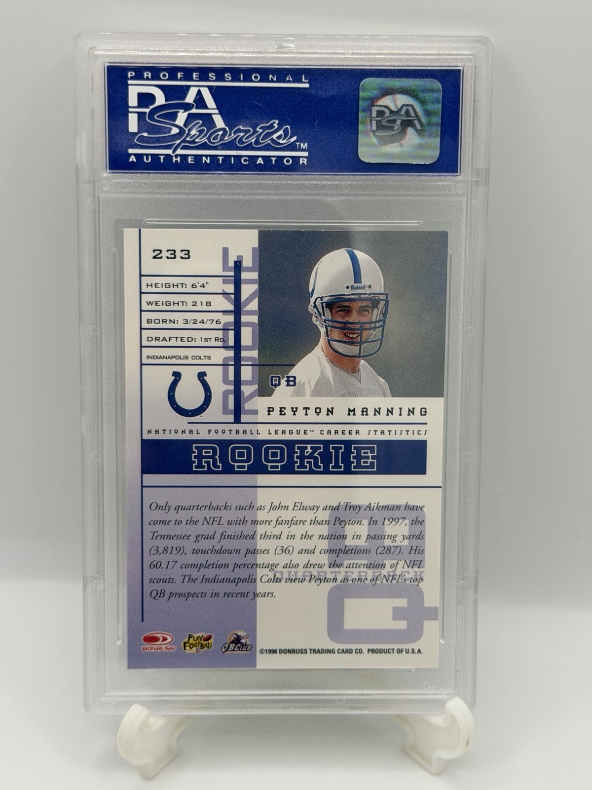 1998 Leaf Rookies & Stars Peyton Manning #233 Rookie PSA 9 Mint Colts HOF (RC) view 2