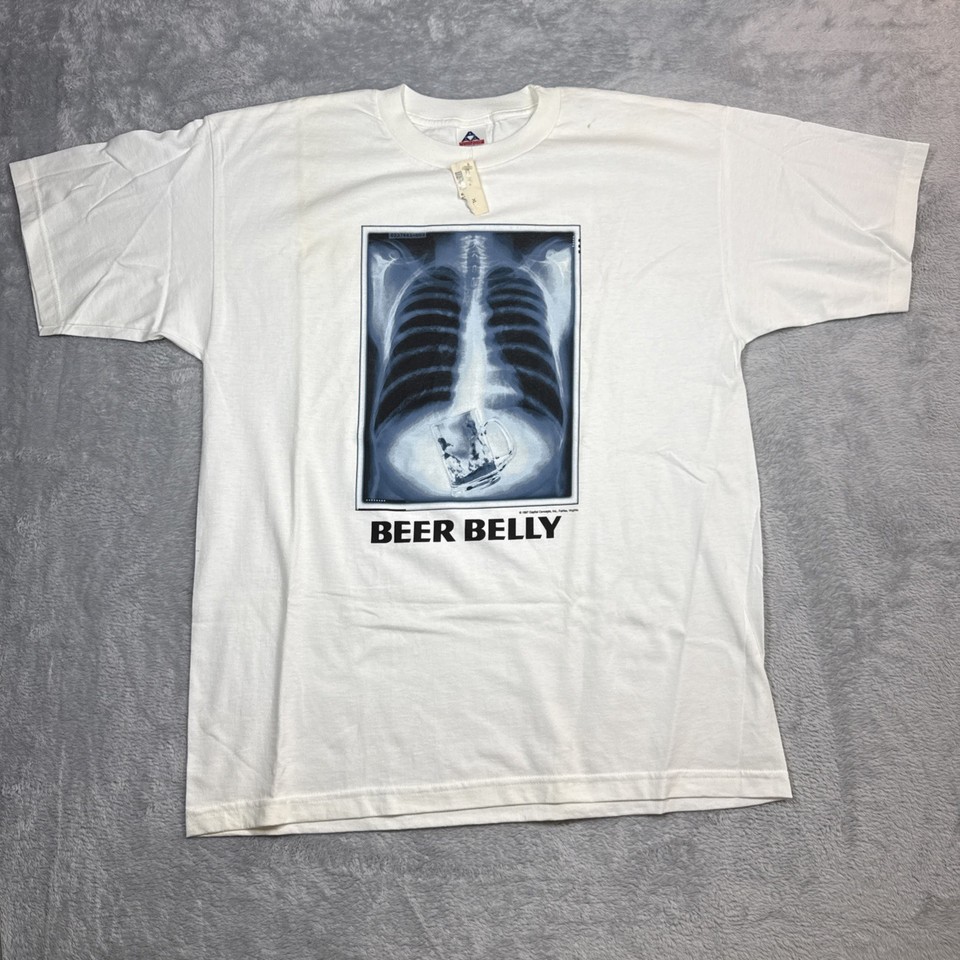 An actual vintage 90s XL 'Beer Belly X-Ray' novelty shirt — a genuine artifact of peak dad-humor graphic tee culture.