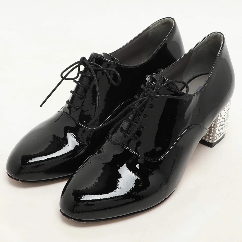 Gina Black Patent Leather Crystal Embellished Oxford Pumps Size 38 - Image 2 of 4