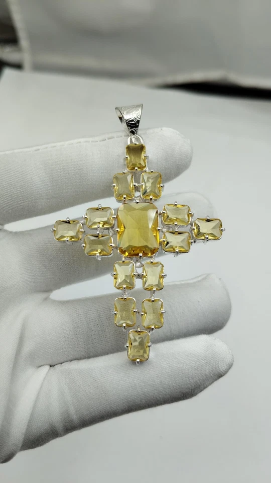 Colgante Cruz Citrino - Hecho a Mano Chapado en Plata Piedra Curativa Joyería Regalo  Foto 2 de 4