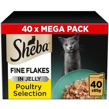 40 x 85g Sheba Fine Flakes Adult Wet Cat Food Pouches Mixed Poultry in Jelly 5.97 per kilo