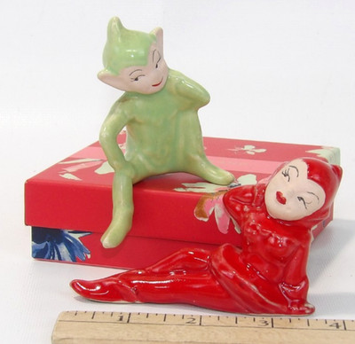 Set of 2 Gilner Miniature Ceramic Elf Pixie Figurines Japan MCM 1950s Kitschy