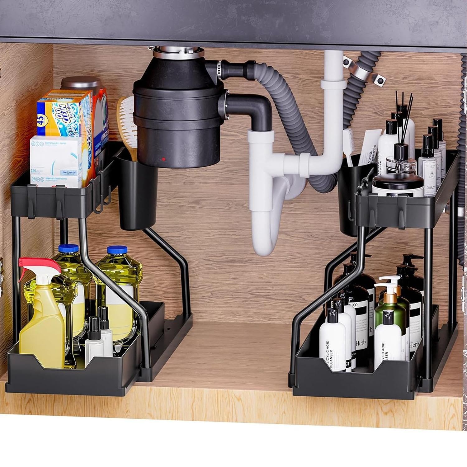 2 Tier Under Sink Storage Organiser Shelf Rack Pull Out Drawer Kitchen Black