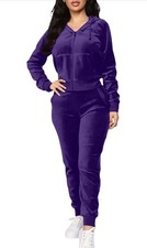 Velour Purple Women's Tracksuit Set Hoodie Zip Long Sleeve Pants