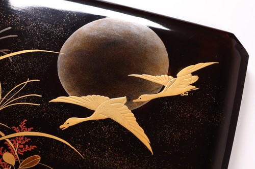 Japanese Lacquer Sweets Box 10.9inch Gold Moon&Geese Tea Ceremony Meiji Era 19th - Picture 10 of 24