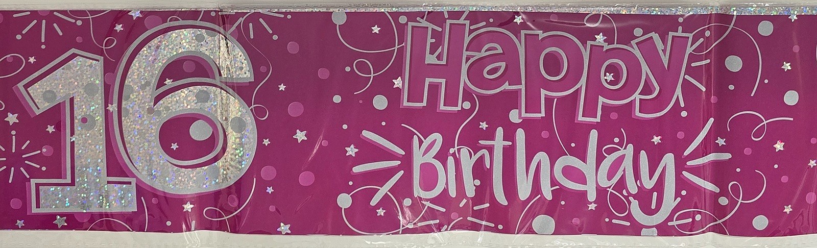 Happy 16th Birthday Holographic Foil Banner Pink and White 2.6m or 3 x 86cm