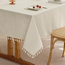 Beige Tan Linen Table Cloth Long Rectangle Burlap Tablecloths with Tassel for Di