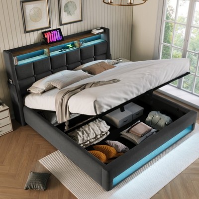Lift Up Storage Bed Frame, Queen Platform Bed with LED Light & Charging Station 