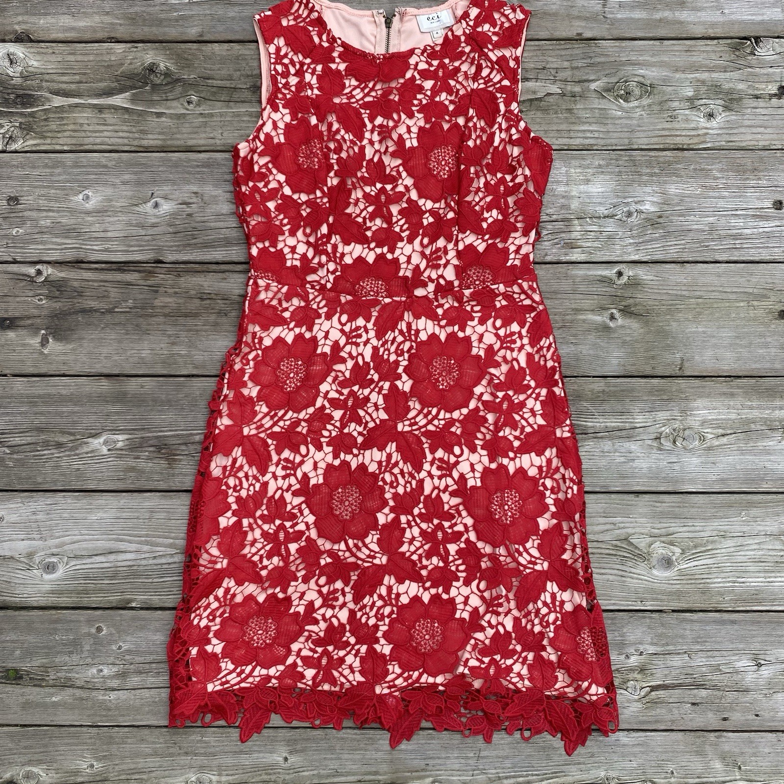 ECI New York Women's Sleeveless Red Lace Dress Size 4 Lined Back Zipper