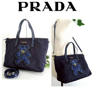 PRADA Re:Edition Nylon Teddy Bear Embroidered Tote Bag Navy Unisex