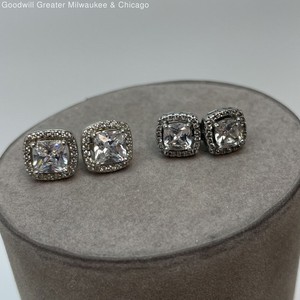 925 Sterling Cubic Zirconia Halo Square Stud Post Earrings Sets 4g