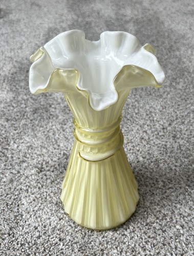 Vtg Fenton Wheat Light Butterscotch Candle Glow White Case Glass Vase Ruffled - Picture 2 of 6