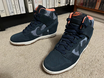 Nike Dunk Sky Hi Wedge Sneakers Blue Camo Suede Lace Up Women's US