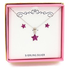 Sterling Silver Purple Crystal Star Necklace and Earring Set