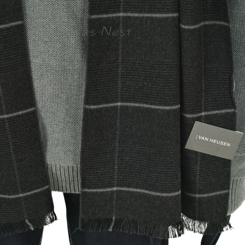 LENÇO DE INVERNO VAN HEUSEN masculino leve preto e cinza xadrez grande franja curta - Imagem 4 de 4