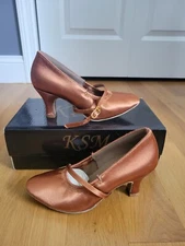 Womens KSM Ballroom Shoes- Dark Tan Satin- 4.5