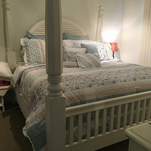 NUOVO! ~ SET PIUMONE ACCOGLIENTE COTTAGE SHABBY CHIC BIANCO PANNA MORBIDO PIZZO BLU VOLANT - Foto 6 di 6