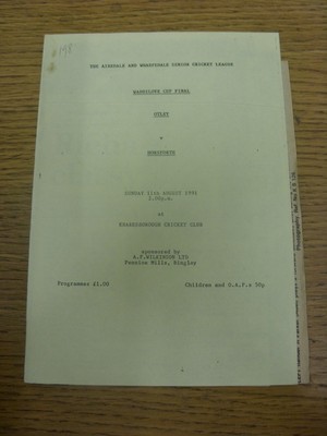 11/08/1991 Cricket Programme: Airedale & Wharfedale Waddilove Cup Final - Otley