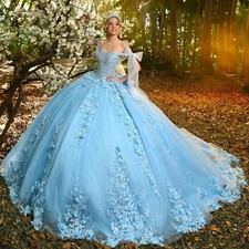 Sky Blue Shiny Princess Lace 3D Florals Quinceanera Dresses Off Shoulder Dress