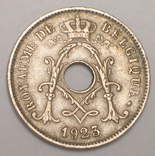 1923 Belgium Belgian 10 Centimes Crowned Monogram Coin VF+