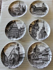 6 VINTAGE SMALL SOUVENIER ADVERTISING POCELLAIN  PLATES  - HILDESHEIM GERMANY