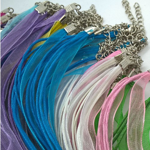 10 NEW ORGANZA RIBBON AND WAXED CORD NECKLACE WITH LOBSTER CLASPS & CHAINS N01 - Picture 22 of 31