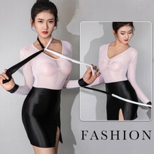 Women Sexy Oil Shiny V-Neck Bodycon See-Through Sheer Dress Cosplay Clubwear