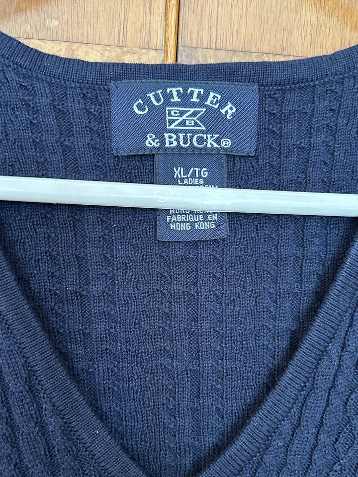 Chaleco para mujer Cutter And Buck tejido con cable de algodón azul marino talla XL Foto 3 de 4