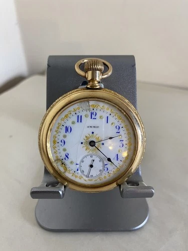 Waltham Antique Gold Pocket Watch A.W.W.Co. 74845 1892 18 size blue / gold READ
