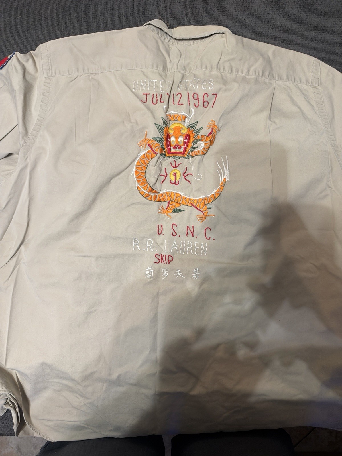 (VTG) POLO RALPH LAUREN EMBROIDERED DRAGON U.S.N.C. POLO Khaki MENS BIG+TALL 2XB