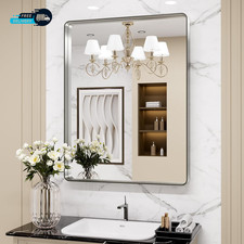 24X36 Inch Brushed Nickel Bathroom Mirror, Rounded Rectangle Silver Metal Frame