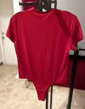 Women's Red Solid One-Piece Short Sleeve Bodysuit, Size S Regular