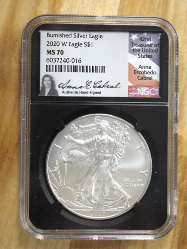 2020-W American Silver Eagle NGC MS70 Burnished Anna Escobedo Cabral Signature