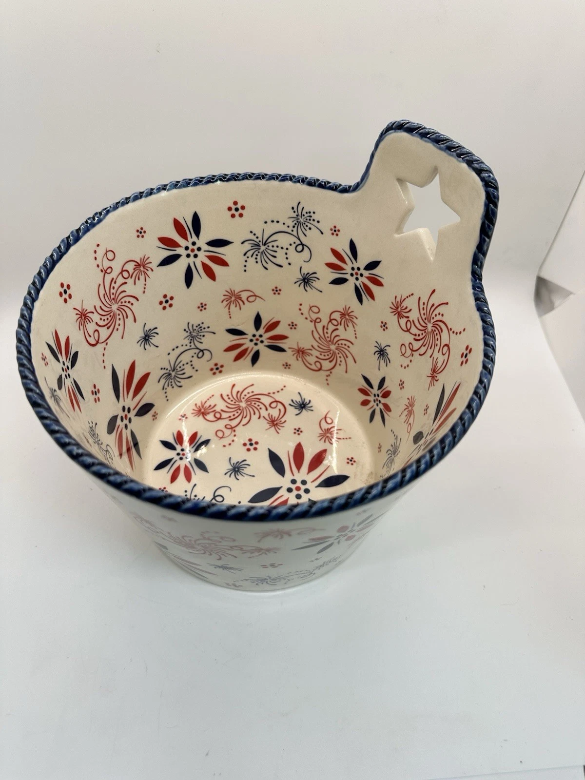 Temp-Tations 2 qt Mixing Bowl FIREWORK Patriotic Red White Blue July 4th Ceramic
