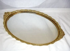 Vtg 70s Gold Tone Ormolu Oval Vanity Mirror Tray 17.5x11.5"