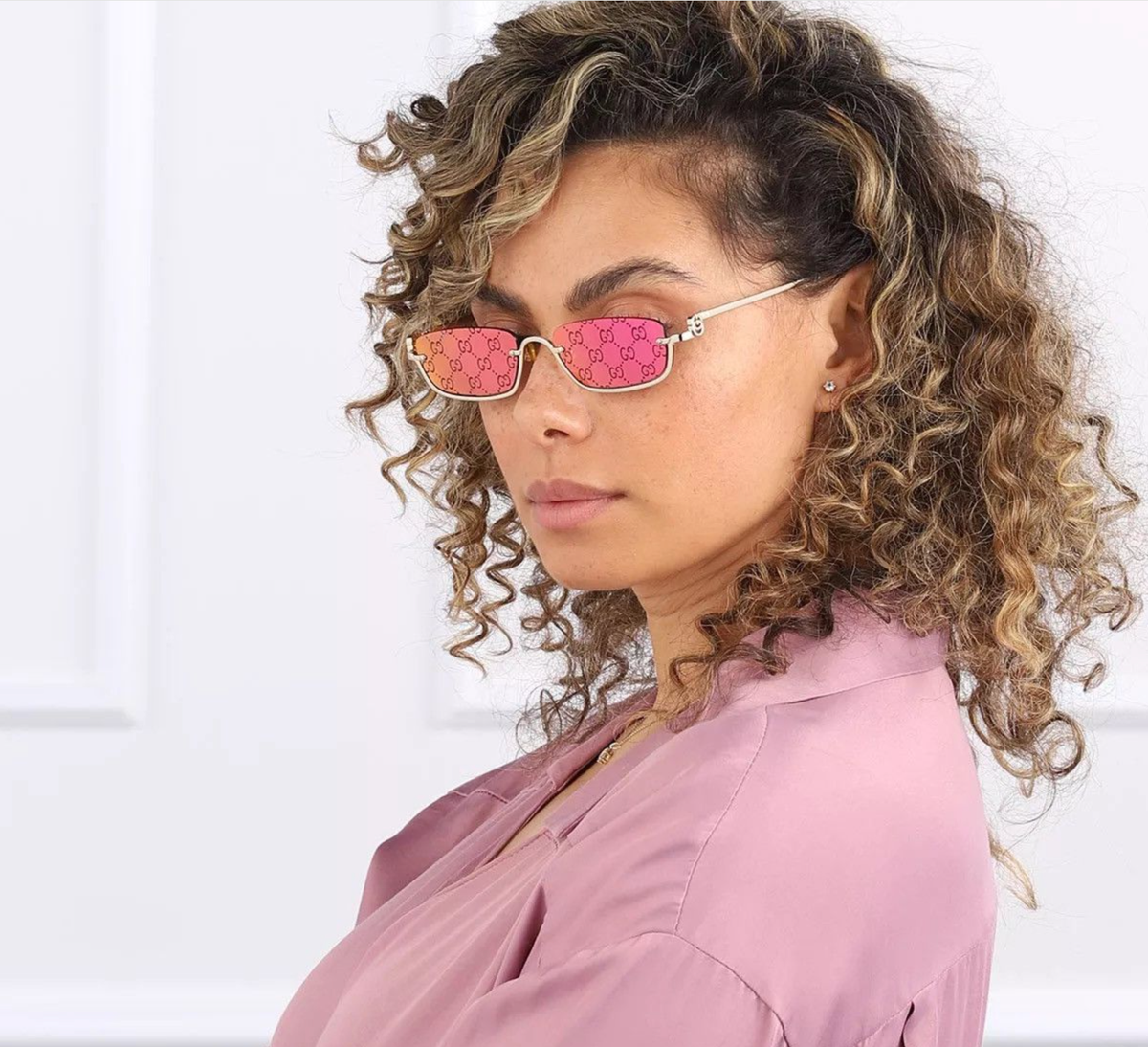Gucci GG1278S 005 Unisex Rectangle Sunglasses in Gold with Violet