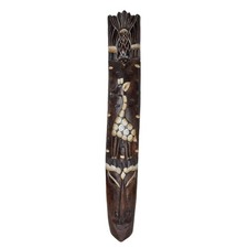 Vintage Tiki Hand Carved Wood Mask Giraffe Shield Totem Pole Wall Hanging 28.5"