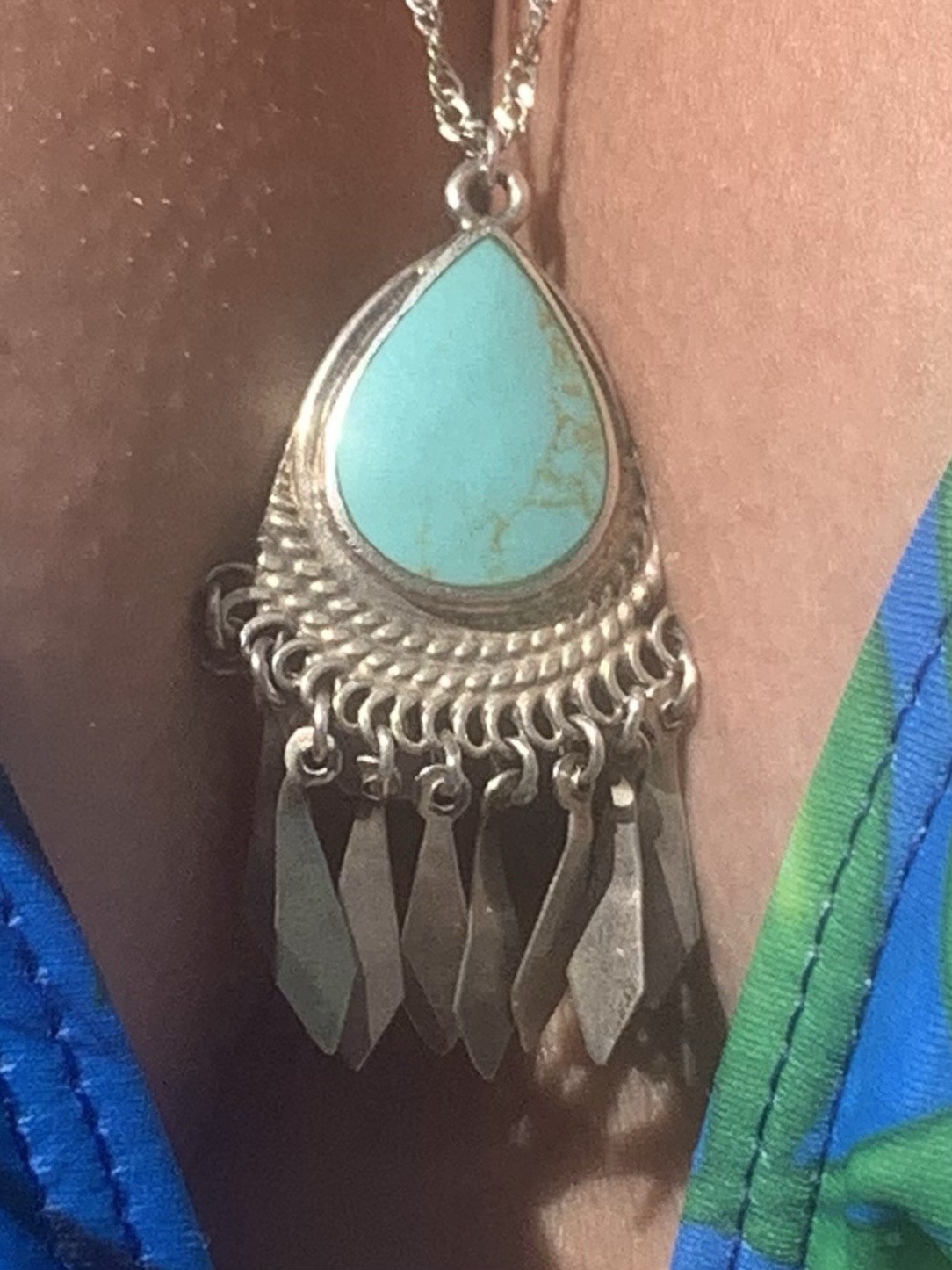 Native Sterling Turquoise Dangle Drop Pendant Nec… - image 1