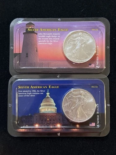 (2) SILVER AMERICAN EAGLE 1  TROY OZ UNC .999 LITTLETON COIN UNC 1994 2000 LOT