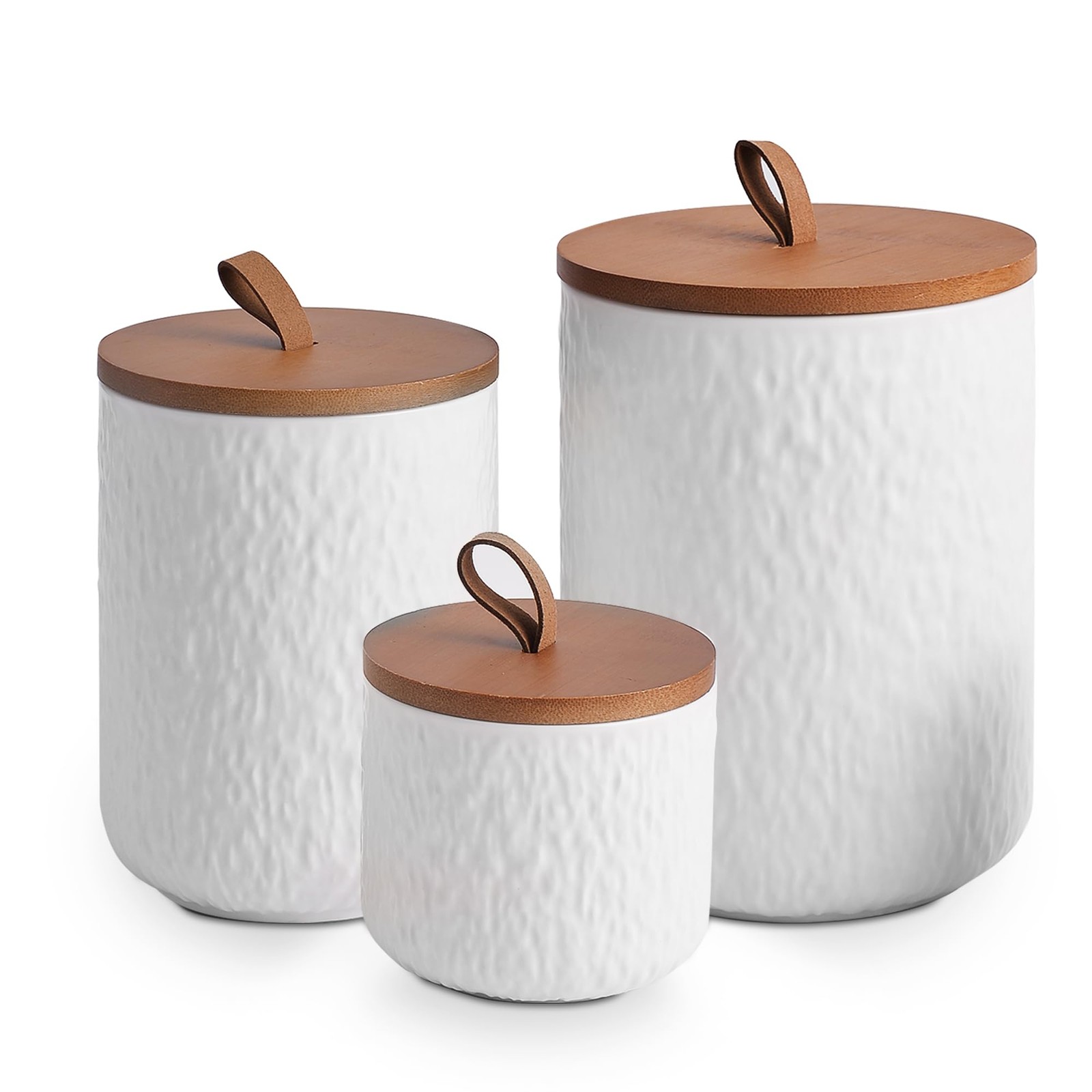 JOJUNO White Ceramic Canister Set with Wooden Lid, 3-Piece A