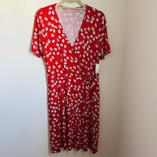 NWT Amazon Essential Women's Red Vneck Faux Wrap Dress Stretchy With Pockets L