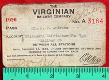 1926 Virginian Railway Pass Telephone Maintainer Virginia Railroad Train VGN RR