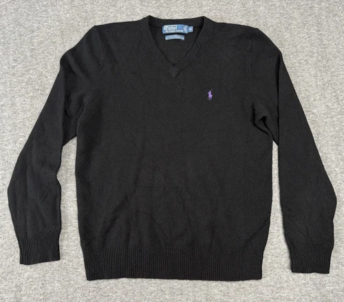 VTG Ralph Lauren Polo Sweater Mens Medium Black V Neck Wool Long Sleeve Pony