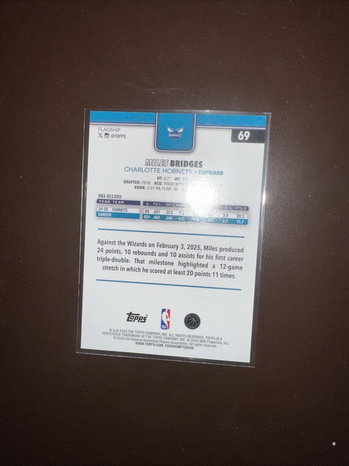 2025-26 Topps Miles Bridges Team Color Border Variation #69 Hornets SP