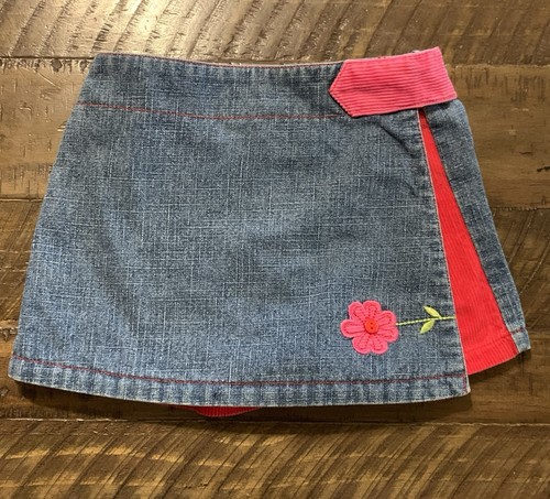 Vintage Y2K Girls’ Denim & Corduroy Skort Size 4T Flower Embroidery Pink Red - Picture 1 of 10