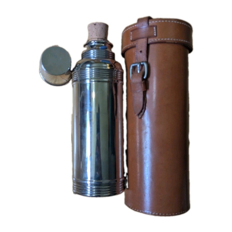 VINTAGE 1907 THERMOS BOTTLE W/CAP CORK & LEATHER CARRYING CASE #6 AMAZING COND.